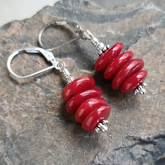 Red Coral Earrings Sterling Silver Leverback Hooks - Picture 5 of 11